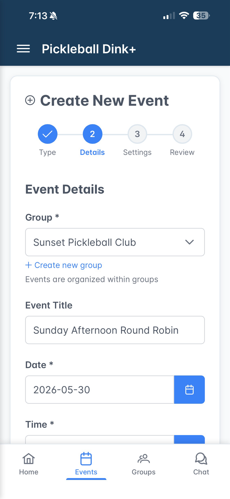 Dink+ create event wizard