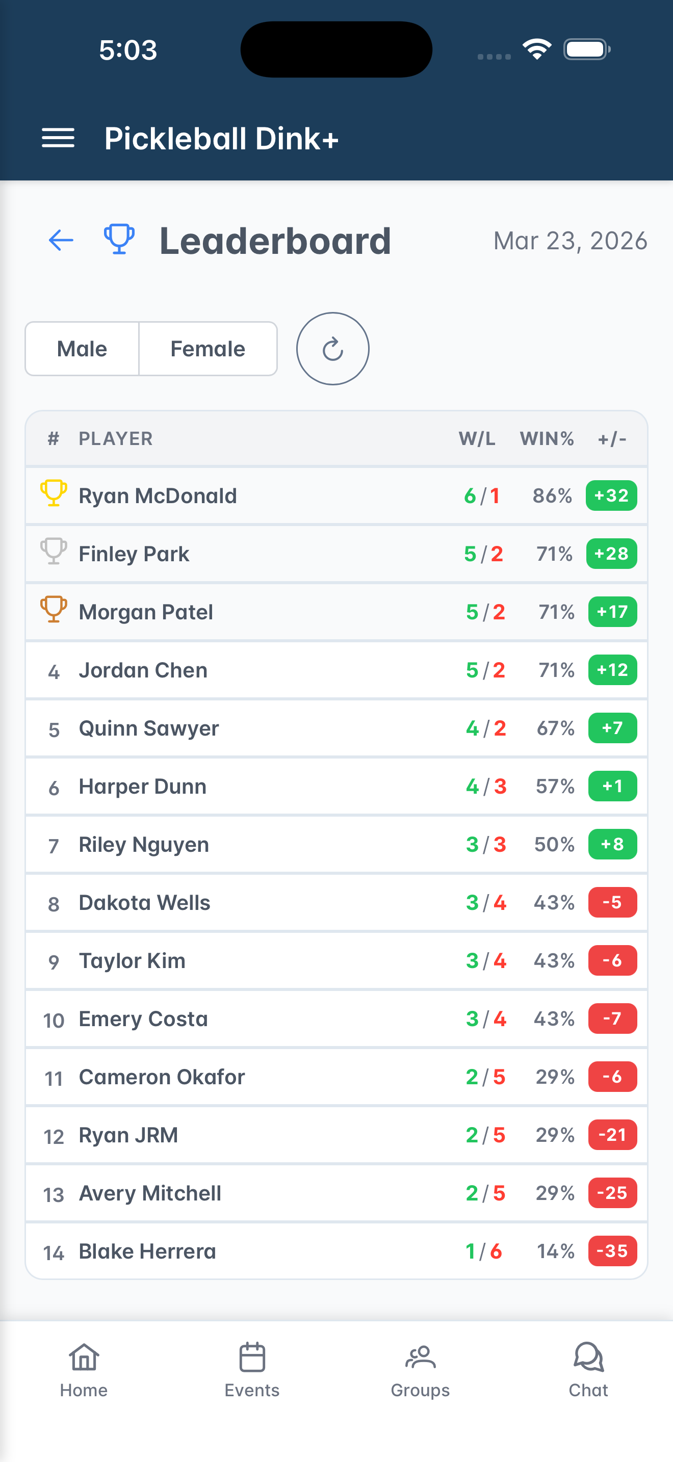 Dink+ live leaderboard