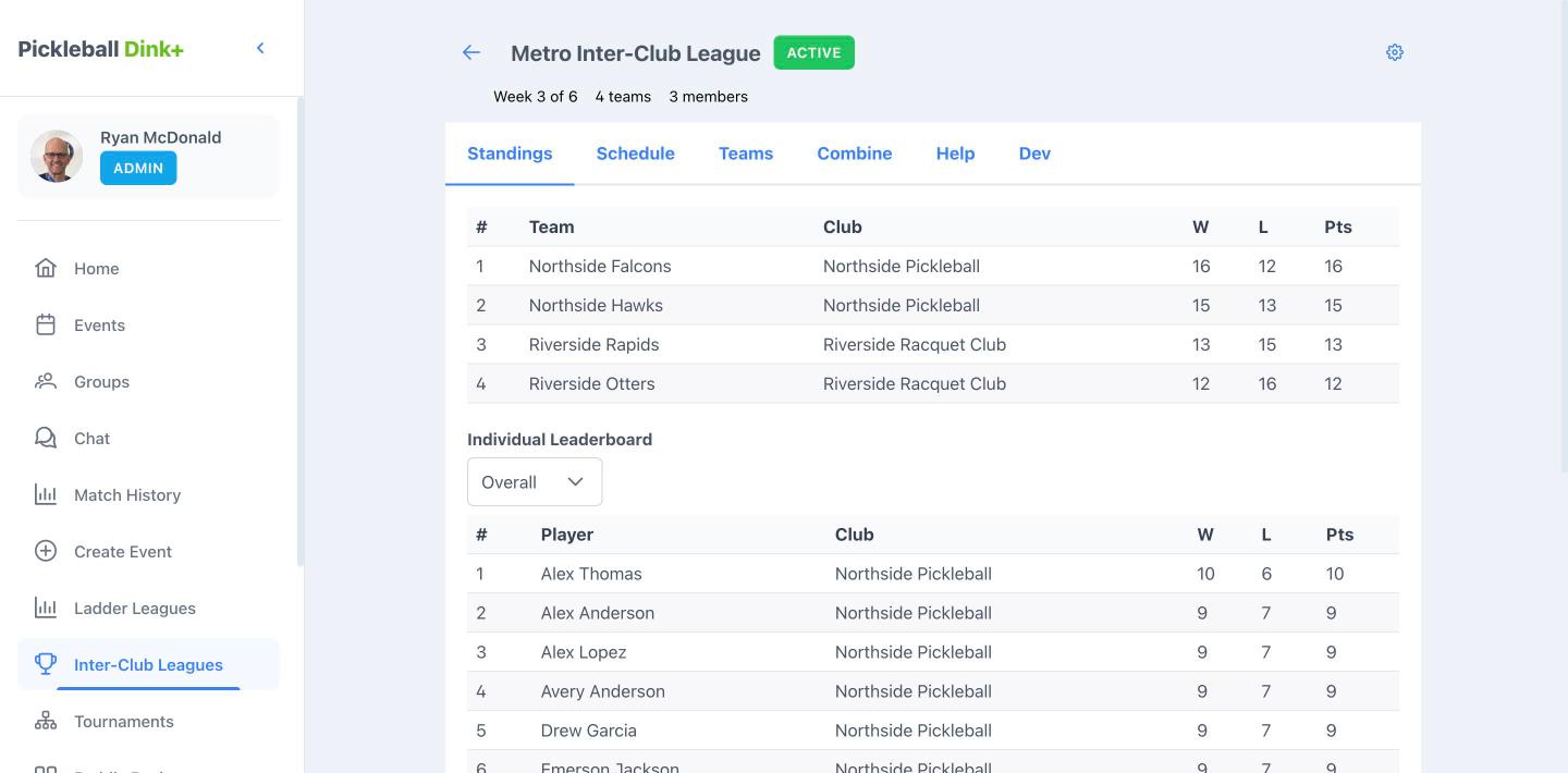 Inter-club league standings showing a team table across two clubs and an individual leaderboard