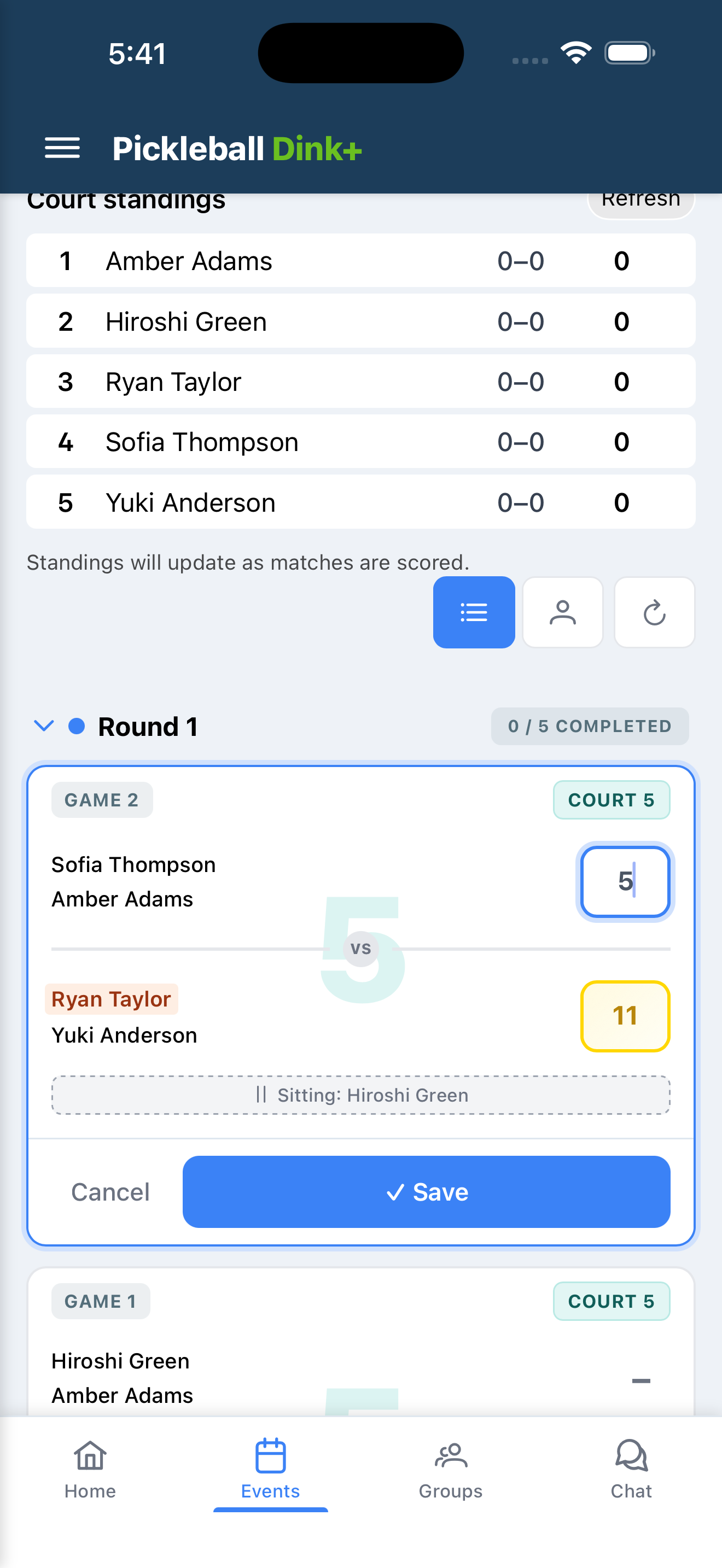 Ladder league mobile player view with court standings, Round 1, an in-progress game card with an inline score entry, and a Sitting player note