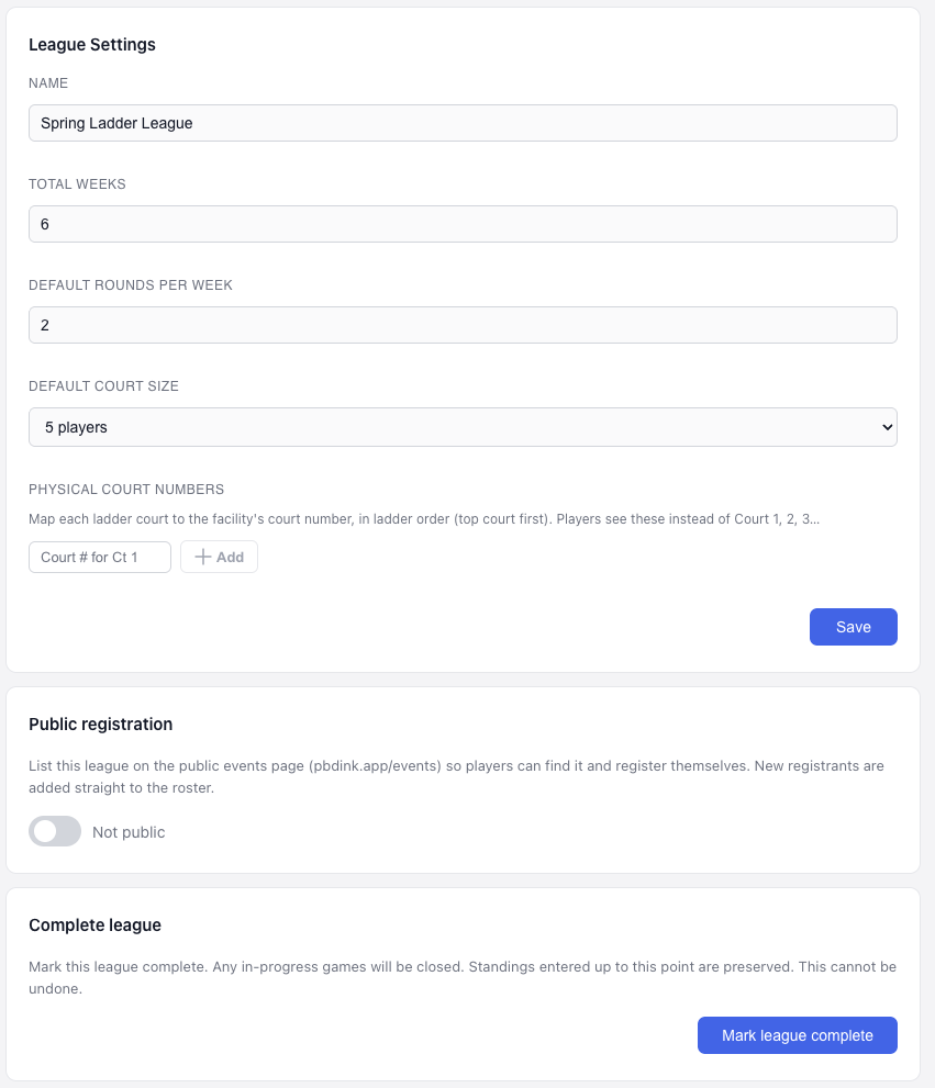 Ladder league settings screen with total weeks, default rounds per week, default court size, physical court number mapping, and a public registration card