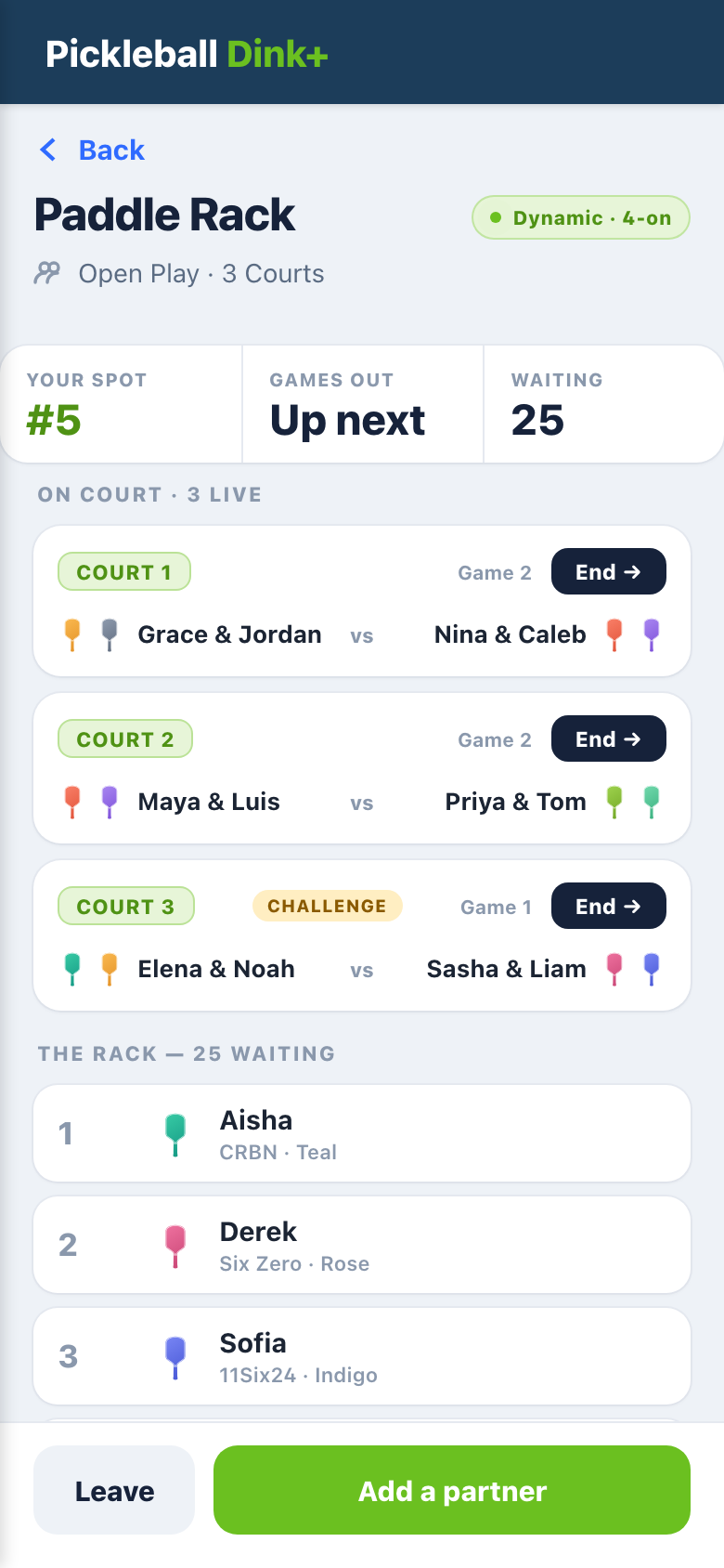 Paddle Rack player view on a phone showing your spot in the rack and courts live