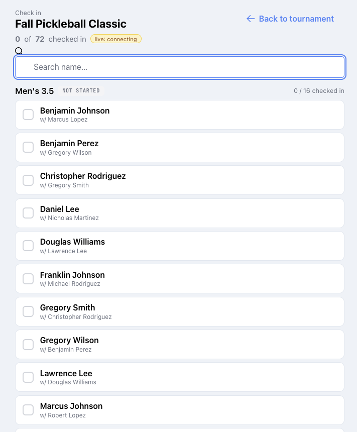 Tournament check-in screen showing 0 of 72 checked in, live connecting indicator, and entrants listed by division with partner names