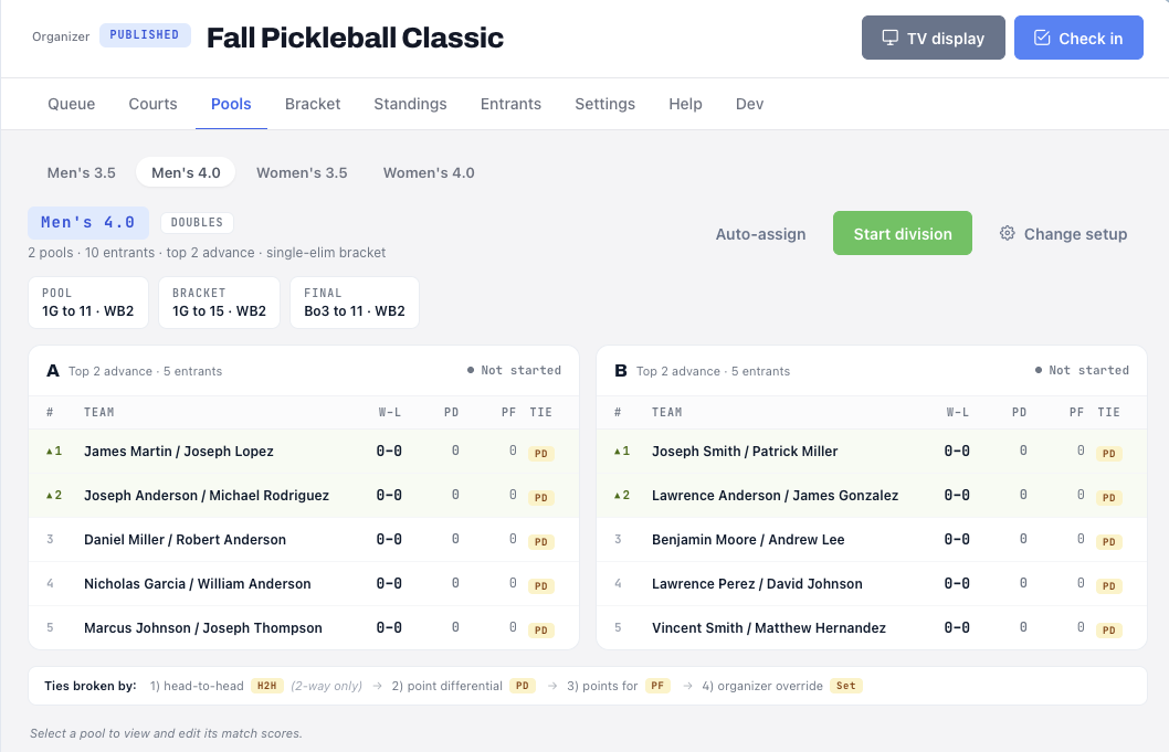 Tournament pools view showing divisions, tiebreak rules and a Start division button