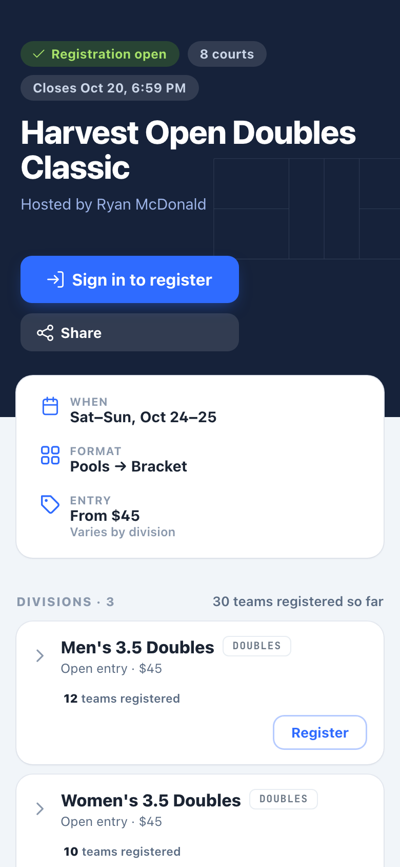 Public tournament registration page on a phone showing entry fees per division, teams registered, and a Register button